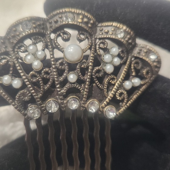 Accessories - Vintage Style Filigree Hair Comb Antique Bronze Faux Pearl Rhinestone Art Deco